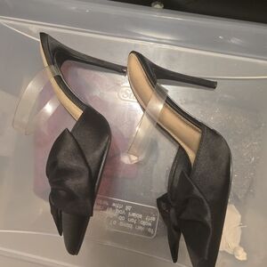 Shoe Dazzle Black Satin Heels with Bow, Size 8